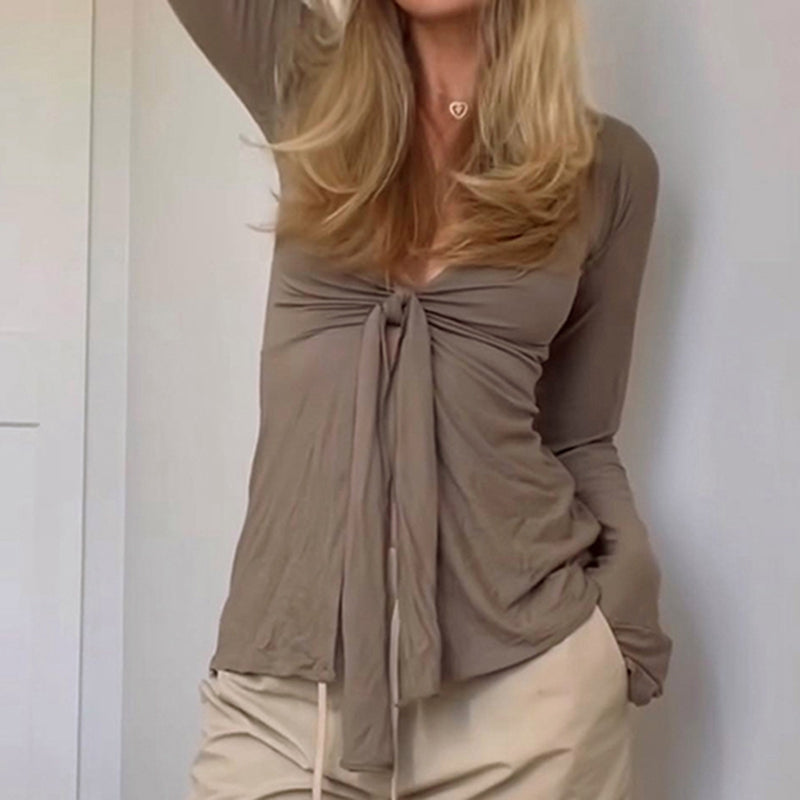 Y2K Cottage Retro Grunge Crop Tops Clothes Elegant Front Tie Up V Neck T-shirt 90s Vintage Chic Women Long Sleeve Blouse Tees