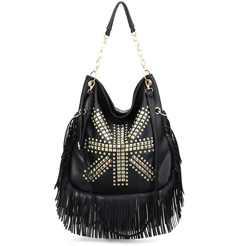 Rivet Tassel Large Capacity Crossbody Shoulder Bag for Women