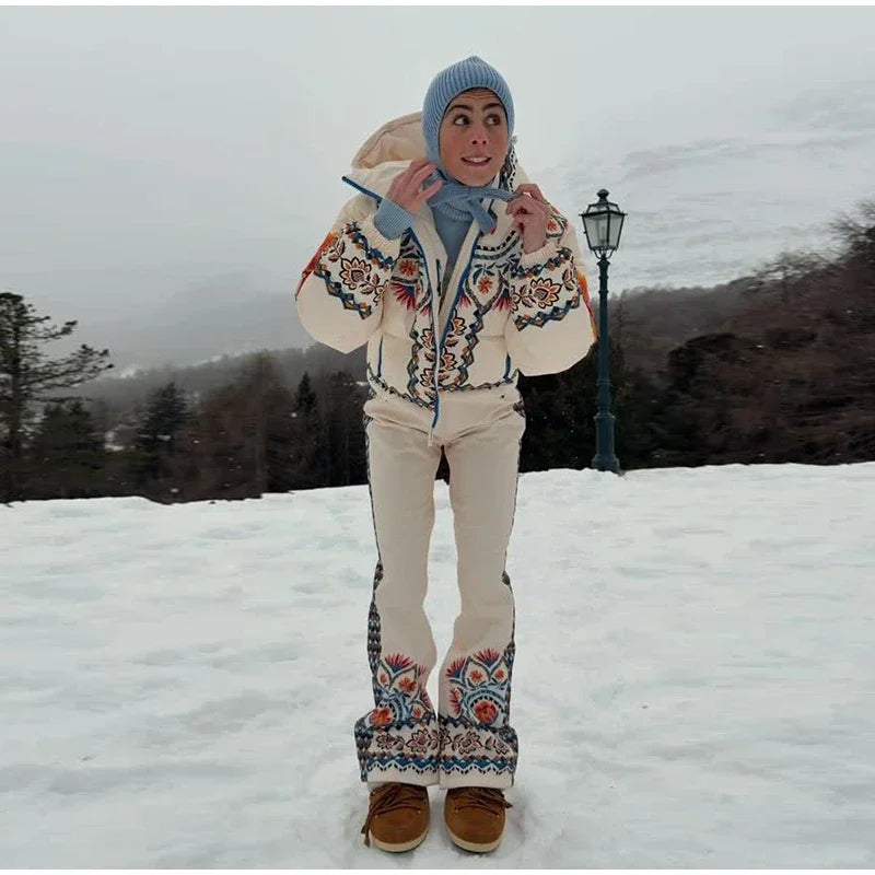 Printed Hooded Ski Jacket And Wide Leg Pants Set for Women