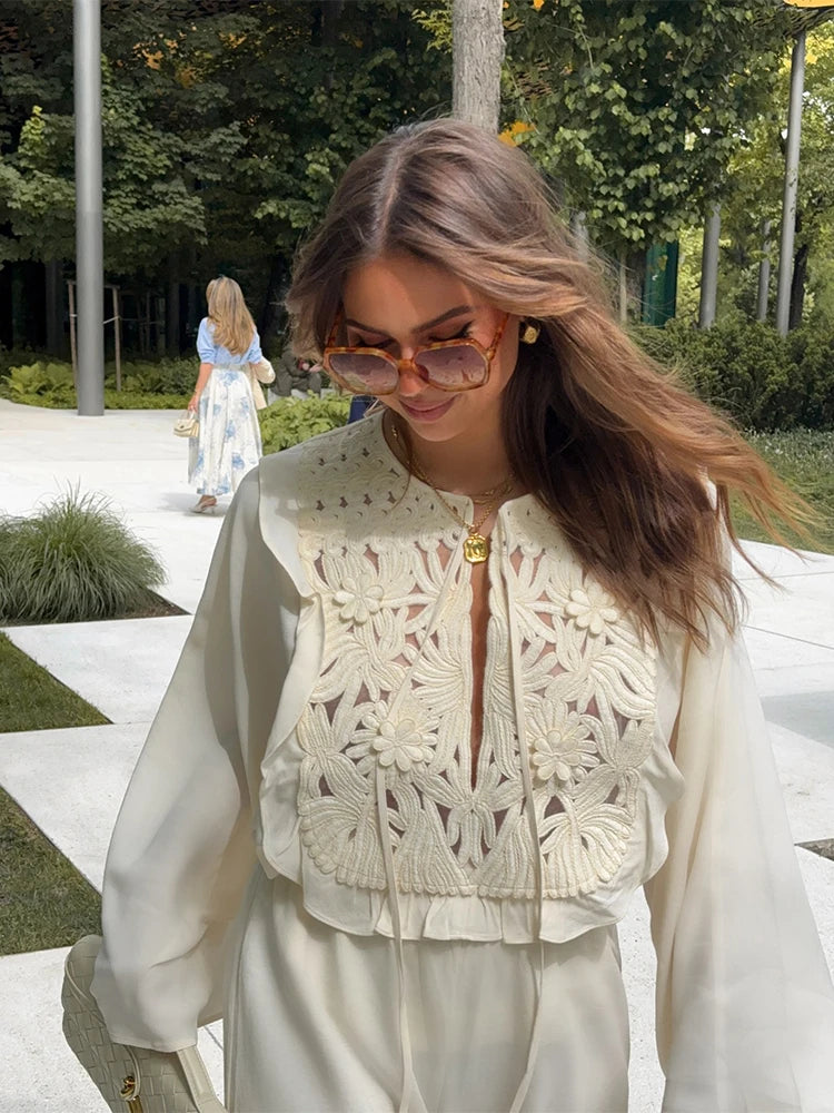 Floral Hollow Embroidery Mini Skirt Sets Women 2 Pieces Flare Sleeved Women Suit Casual Two Piece Set Summer Women Outfit