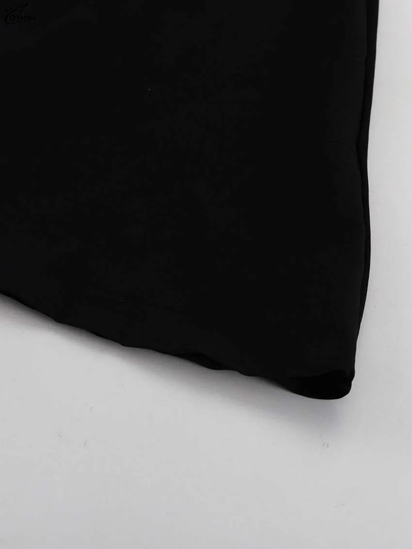 Oymimi Elegant Black Patchwork Women's Dress Casual Peter Pan Collar Three Quarter Sleeve Dresses Fashion Pleated Mini Dresses