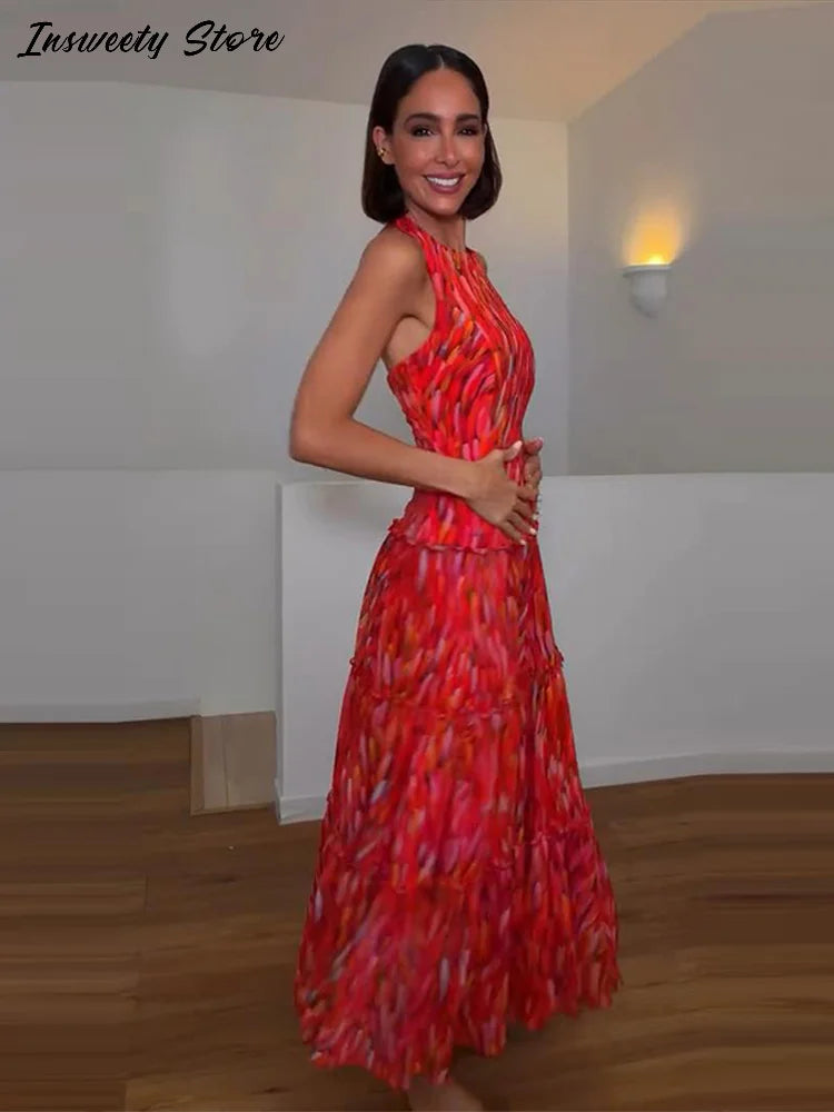 Printed Halter Neck Maxi Dress and Cropped Jacket Set for Women
