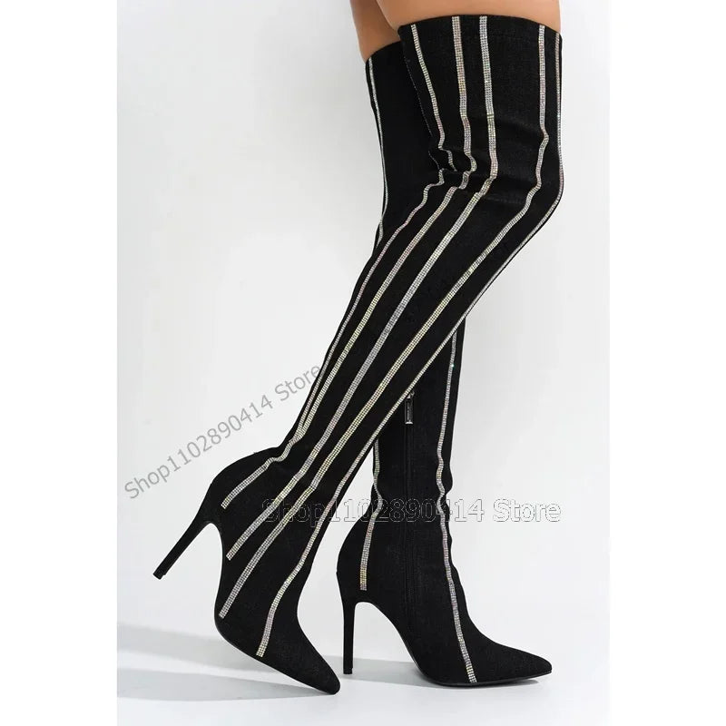Crystal Striped Pointed Toe Side Zipper Boots for Women