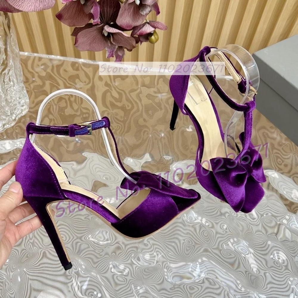 Bow-embellished Velvet Sandals Women's Luxury T Strap Square Toe High Heels Sandals Newest Luxury Party Trendy Cover Heel Shoes