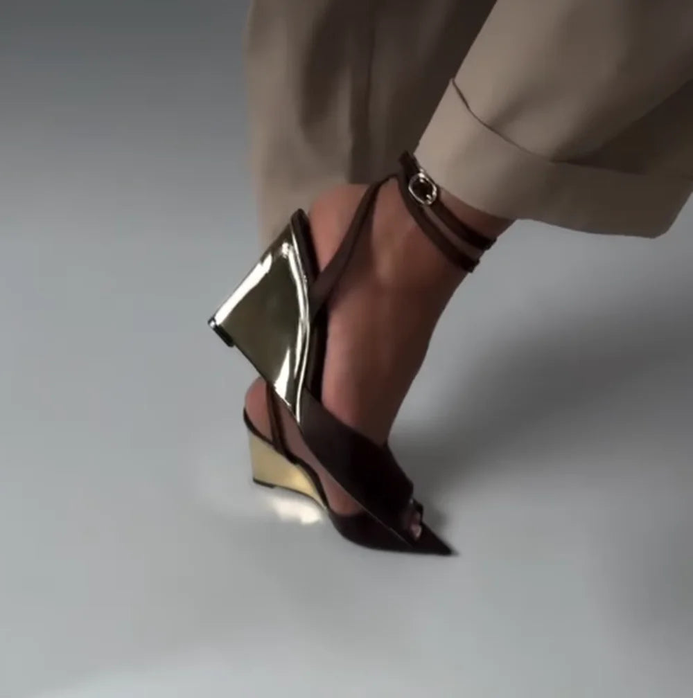 Chocolate Satin Peep Toe Wedge Sandals