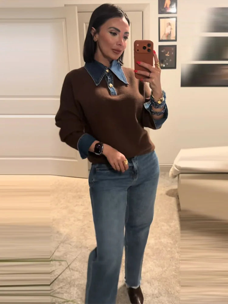 Long Sleeve Denim Collar Half Button Knit Top For Women