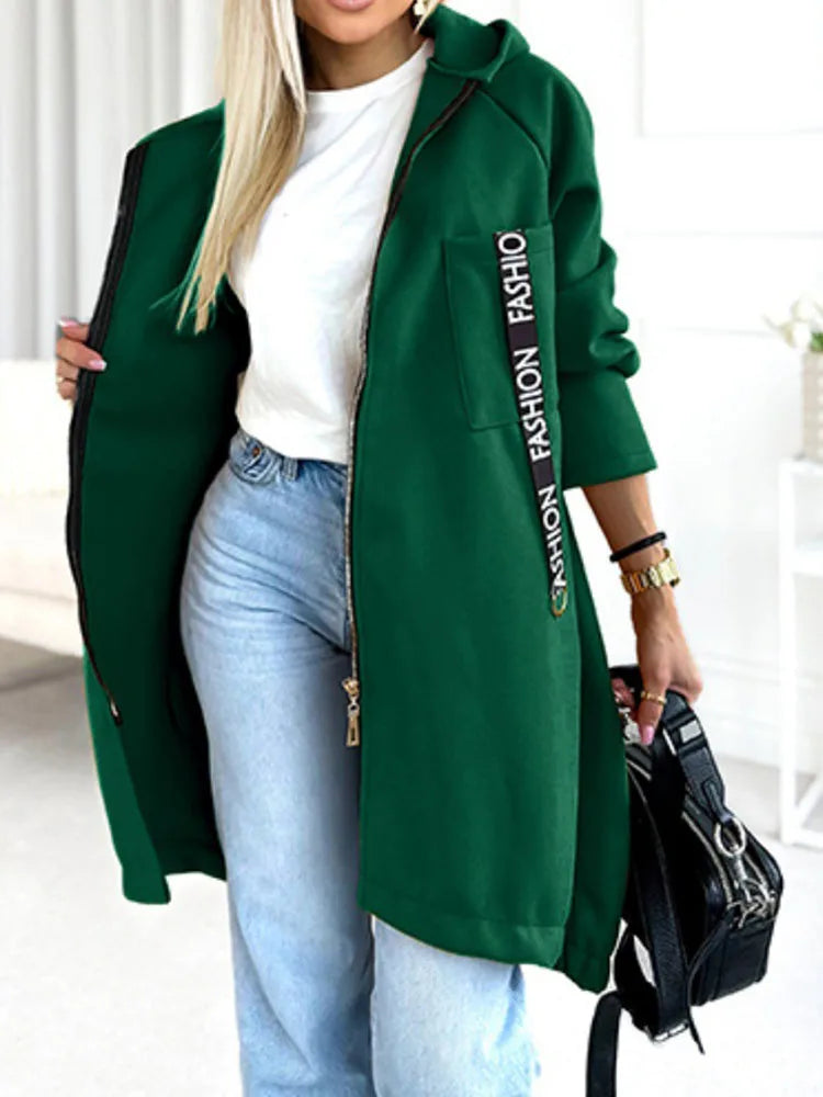 Autumn Winter Pockets Spliced Zipper Coat New Thick Warm Solid Color Women's Jacket Hooded Sports Long Sleeved Lady Outerwear