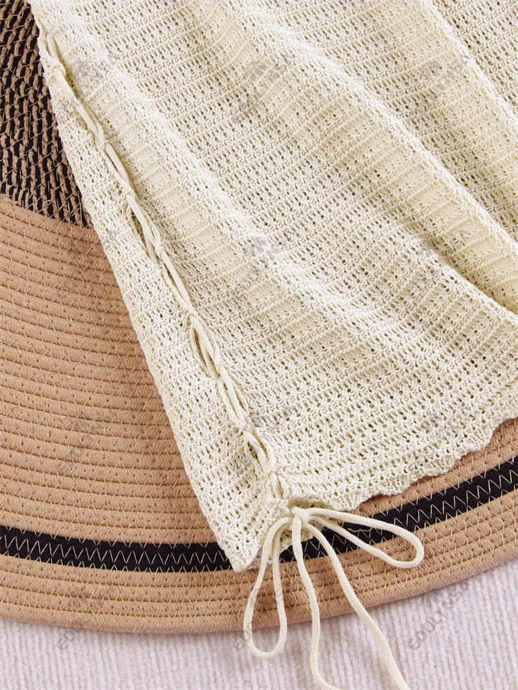 Solid Knit Halter V-neck Side Cross Straps Slim Beach Mini Dress 2025 Women Crochet Beach Swimsuit Cover Up Vacation Outfit K104