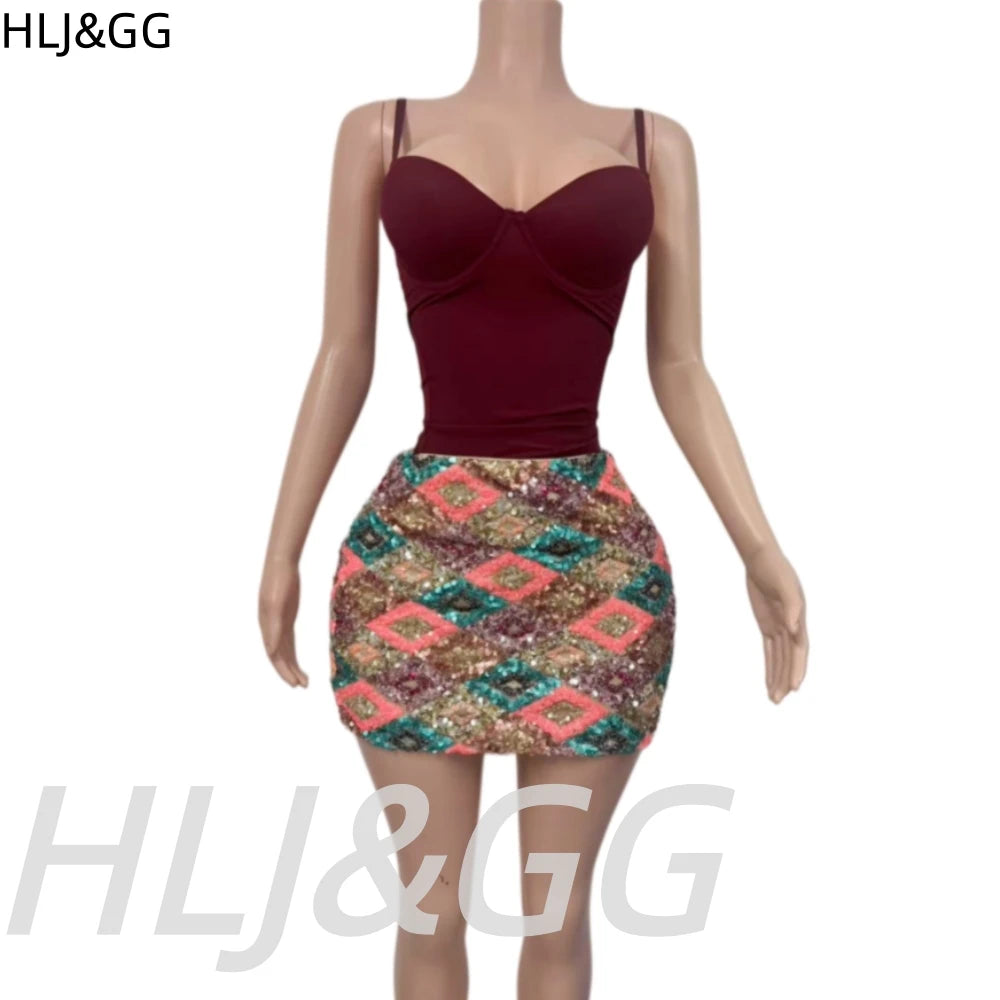 Glam Sequin Mini Skirt Set With Spaghetti Strap V Neck Bodysuit for Women