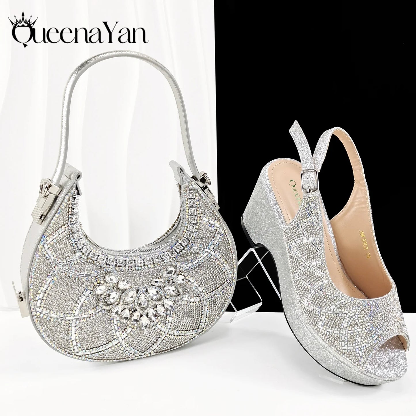 Queena Yan 2025 Italian design full rhinestone detailing comfort platform heels and matching bag Women's Fashion Peep Toe Shoes