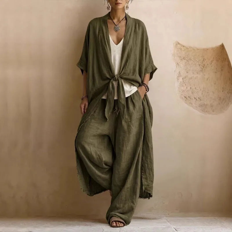 Bohemian Tie Dye Kimono Jacket and Wide Leg Pants Set for Women