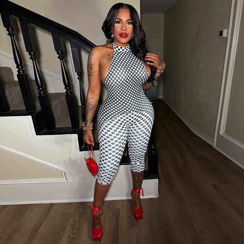 Patchwork Polka Dot Halter Bodycon Romper for Women