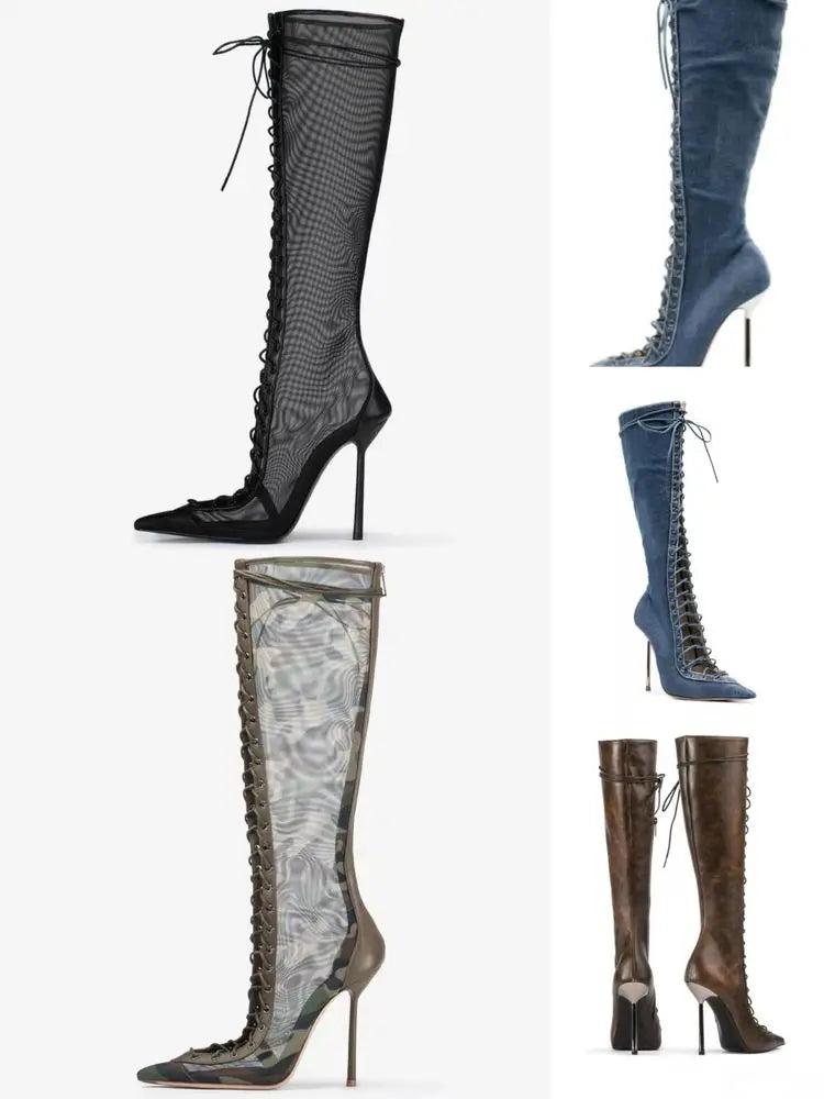 Lace Up Knee High Heeled Boots With Side Zipper for Women