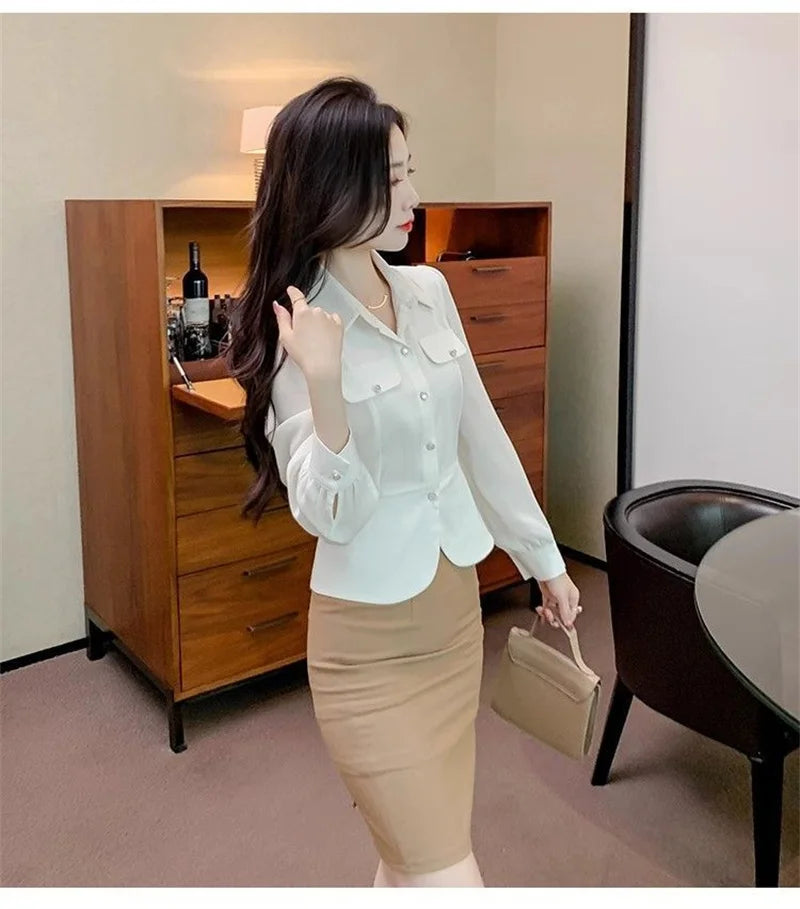 Autumn 2025 New Women Short Long-sleeved Chiffon Blouse Shirt Western-style Blouse Female  Slim Pure Colour Bottoming Shirt