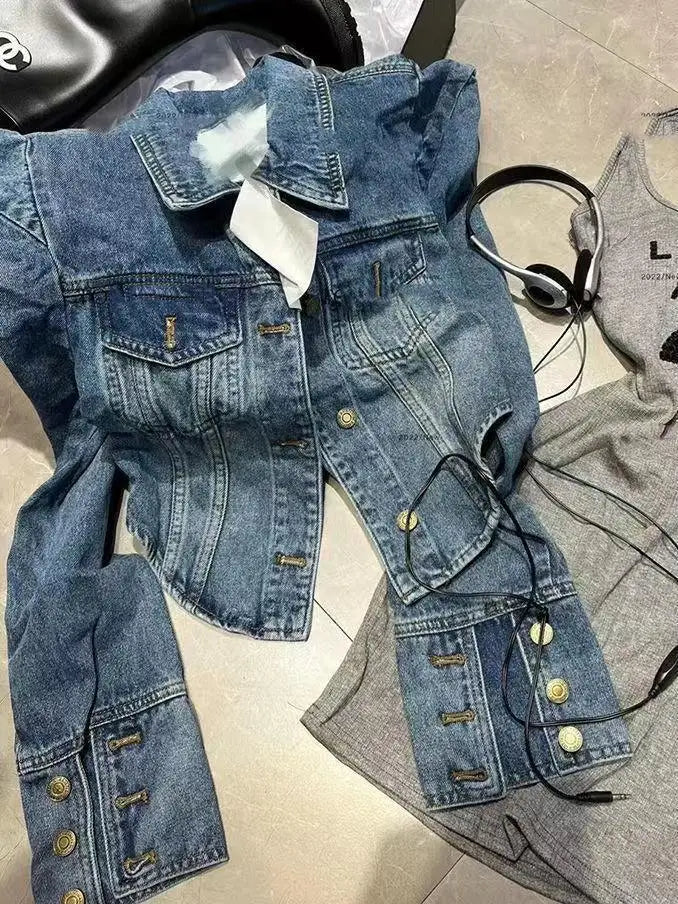 Vintage Inspired Turn Down Collar Cropped Denim Jacket for Women