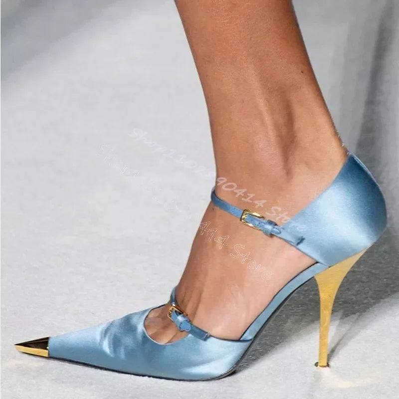 Elegant Sky Blue Silk Pointed Toe Pumps With Ankle Strap For Women