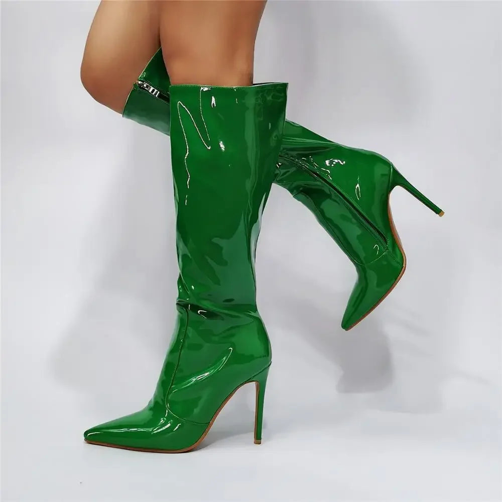 Real Photo Woman Green High Heel Pointed Toe Knee High Boots Woman Pointed Toe Green Knee Long Boots High Heel Boots