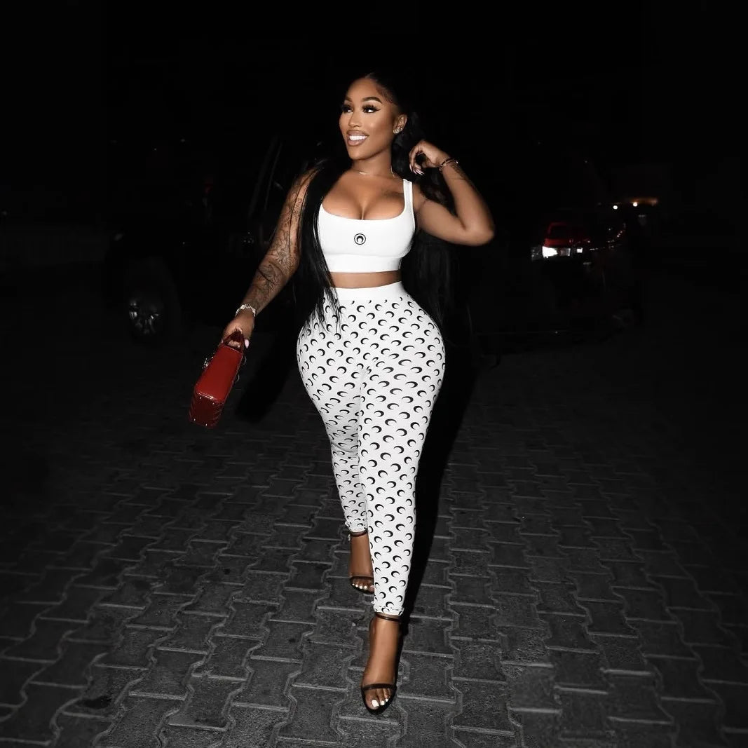 Y2K Crescent Print Slim Fit Two Piece Pants Set for Women