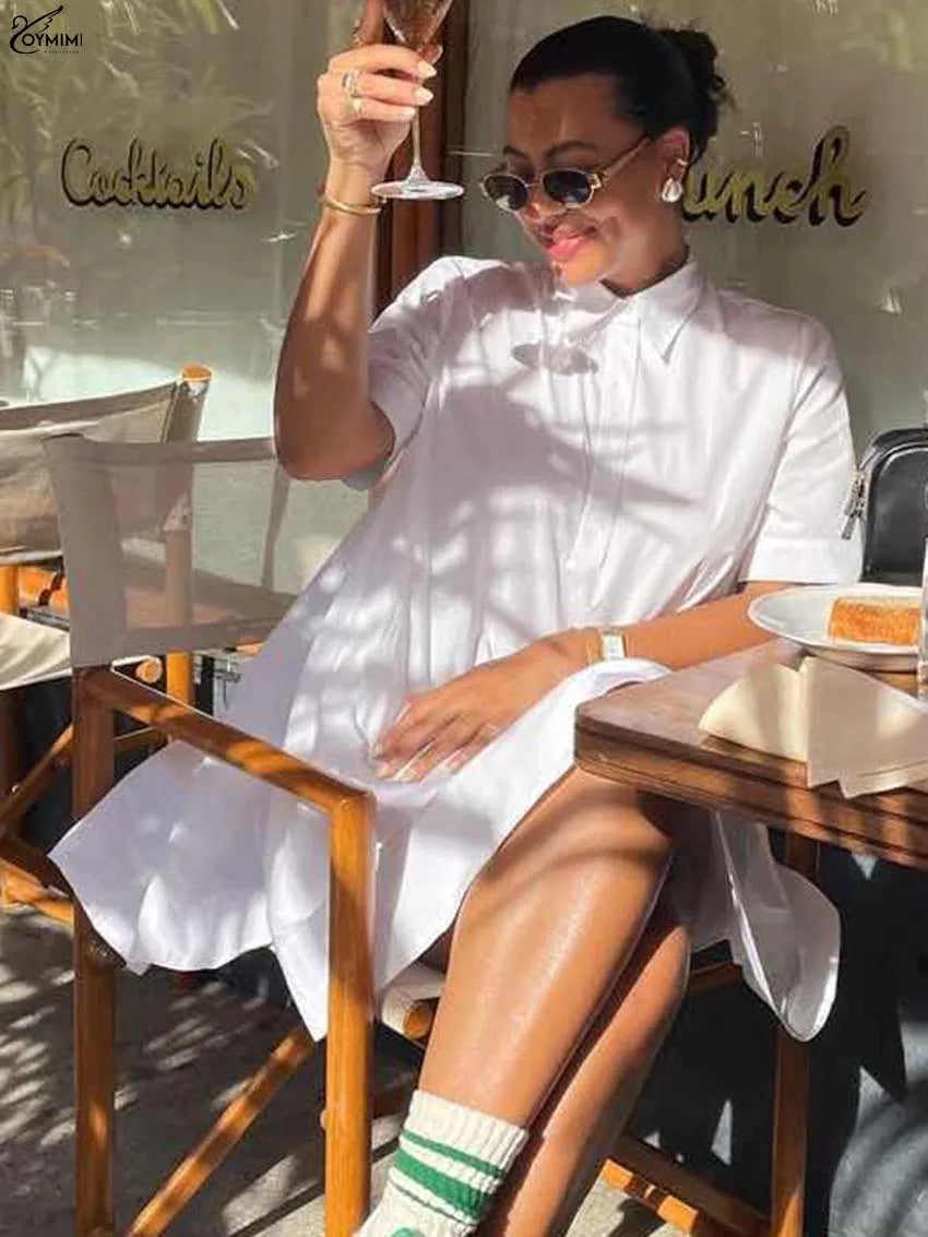 Oymimi Elegant White Cotton Dresses 2025 Woman Fashion Turn-Down Collar Half Sleeve Button Dress Casual Loose Mini Dress Female