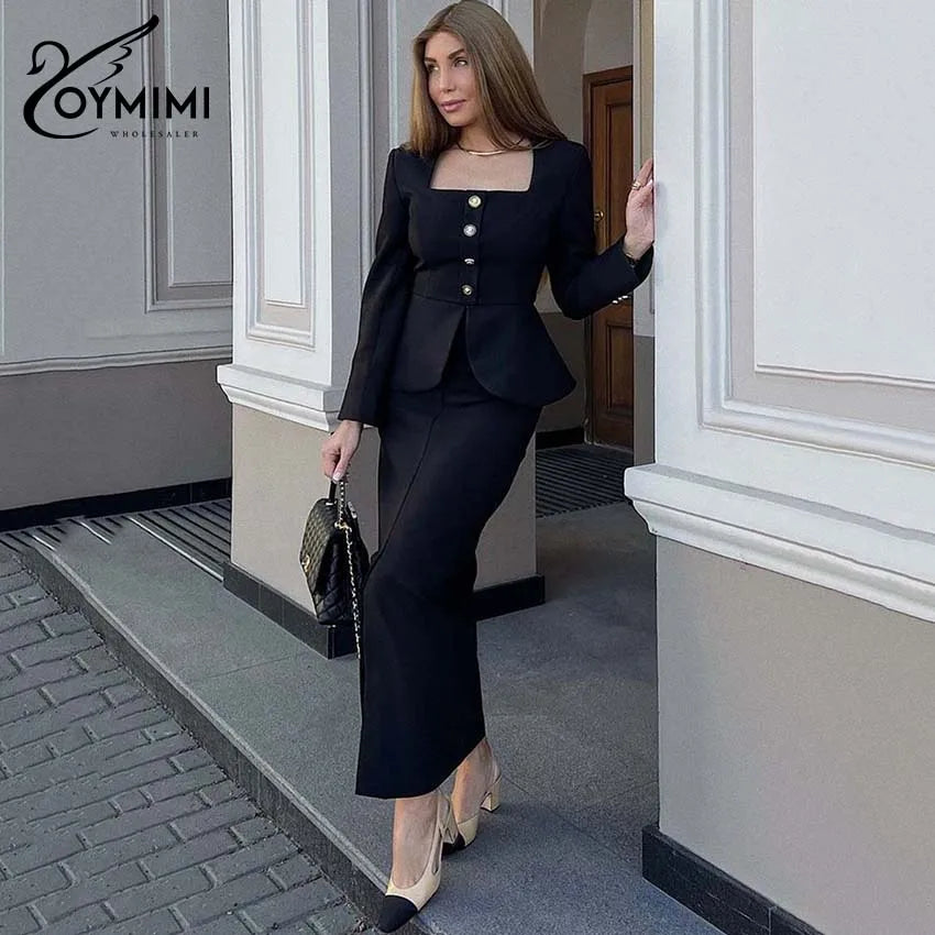 Oymimi Elegant Black Woman 2 Piece Set Outfit Fashion Square Neck Long Sleeve Button Shirts And Straight Ankle-Length Skirts Set