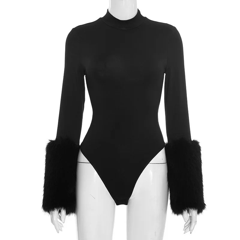 Long Sleeve Fur Patchwork Bodysuit and Shorts Set for Women