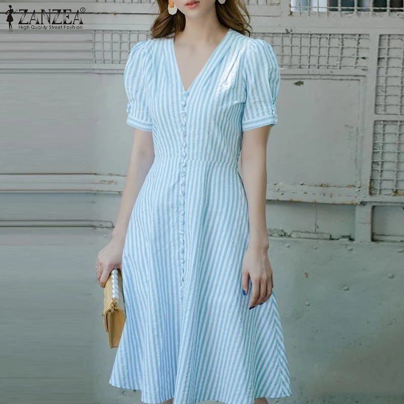 ZANZEA Women Elegant Striped Midi Dresses 2025 Summer Fashion V-Neck Short Puff Sleeve Fitted Waist A-Line Robes Femme Korean