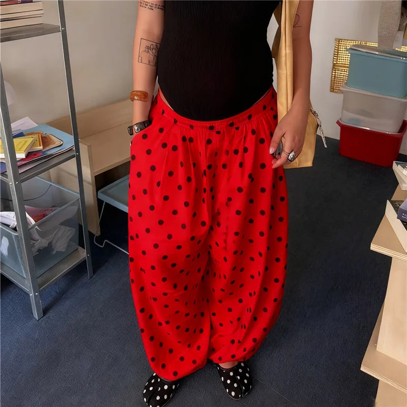 Retro Polka Dot Wide Leg Casual Trousers for Women