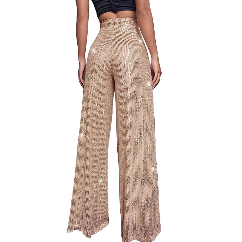 High Waist Sparkle Sequin Wide Leg Pants for Women