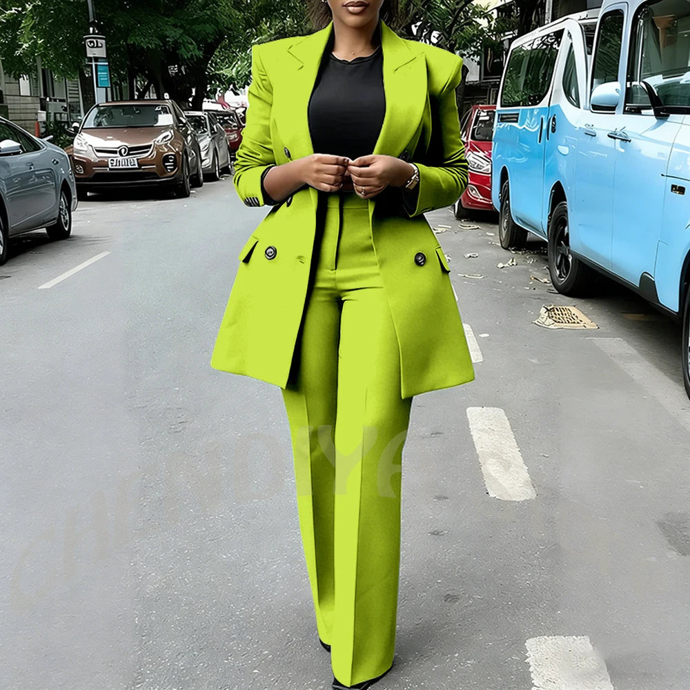 High Quality Women Suits Double Breasted Straight Formal 2 Piece Jacket Pants Peak Lapel High Street Daily Office Casual Suit