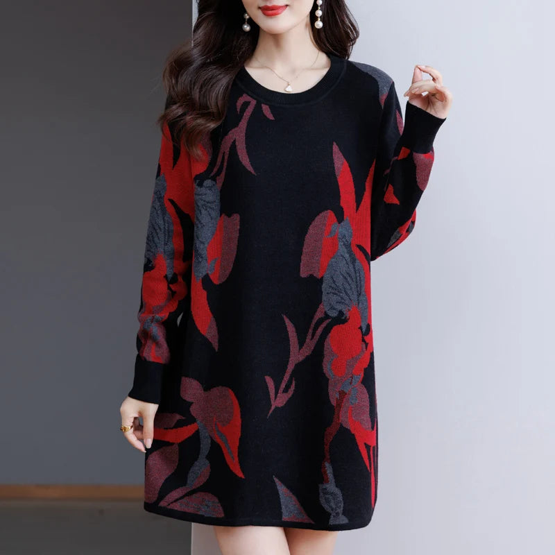 Print Sweater Dress Woman 2025 Autumn Winter Pullover Femme Women Clothing Long Sleeve Top Casual Long Knitwear Sweaters