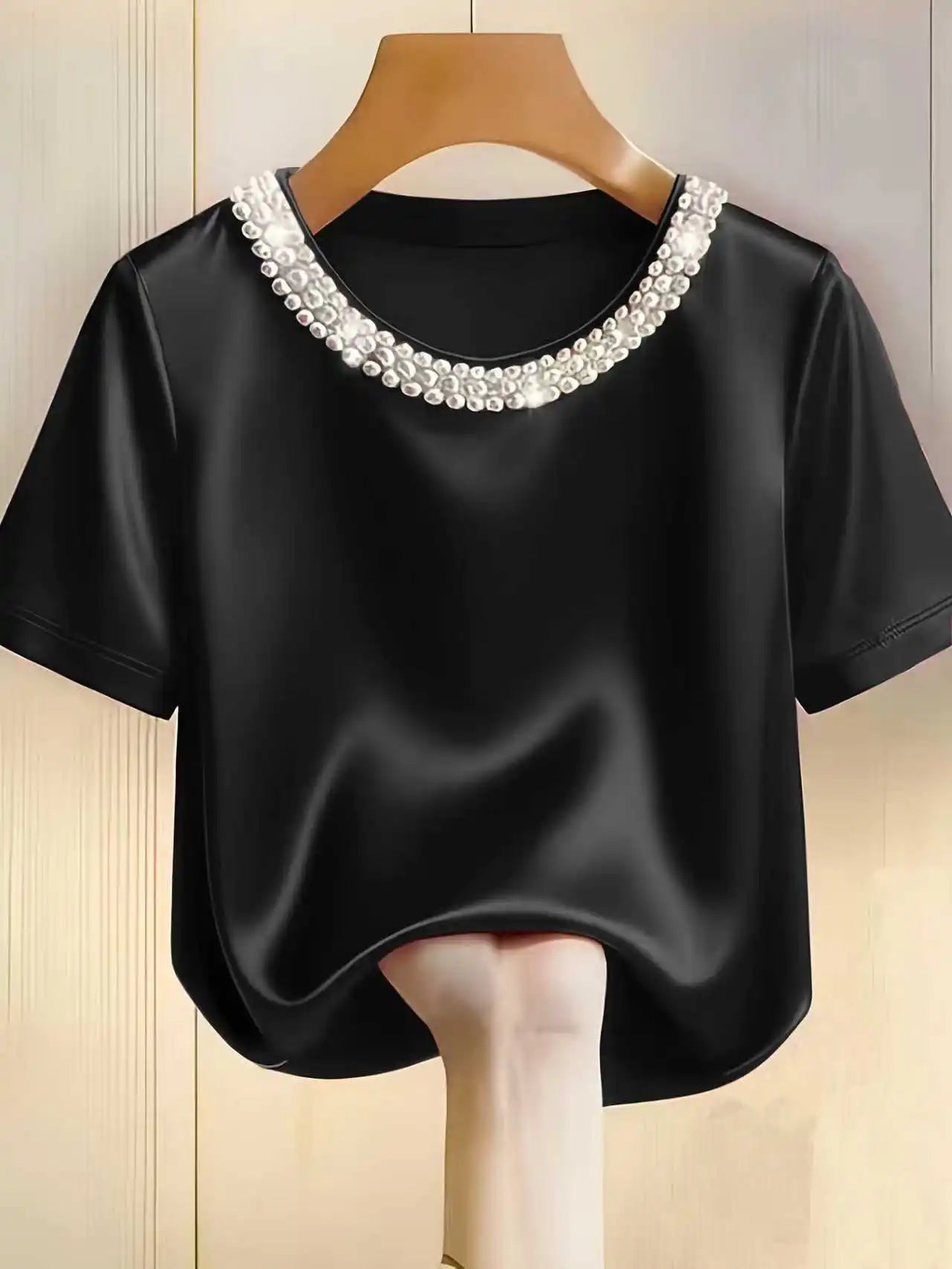 Satin Round Neck Pearl Beaded Decor Short Sleeve Top for Women