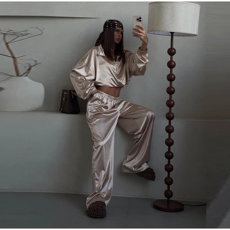 Loose Solid Satin Two Piece Pants Set With Zipper Jacket For Women