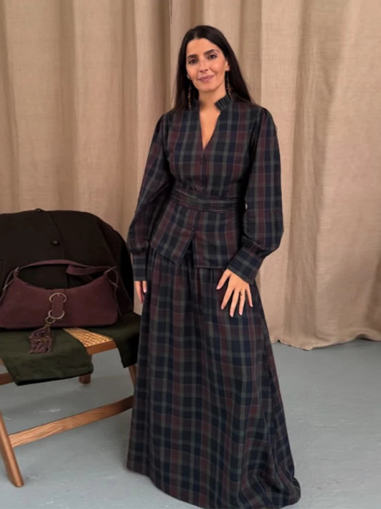 Vintage Plaid Women's Skirt Set V-neck Puff Sleeve Waist Belt Cinched Floor-length Skirt Suit Woman 2026 Spring Evening Outfits