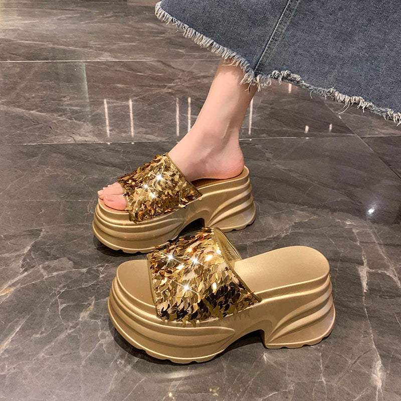 Metallic Sequined Platform Wedge Sandals for Women