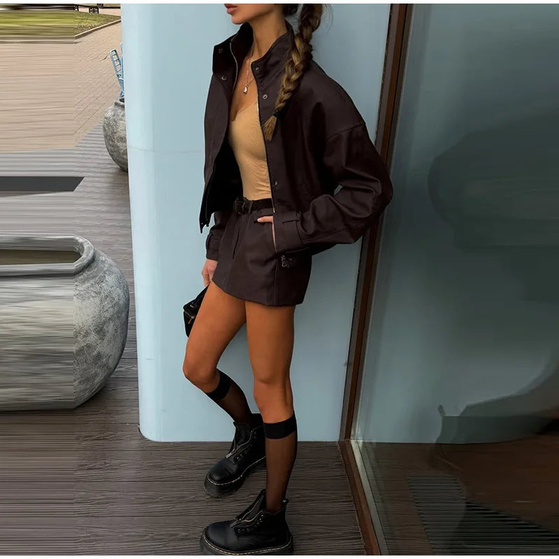 Vintage Suede Jacket and Mini Skirt Two Piece Set for Women