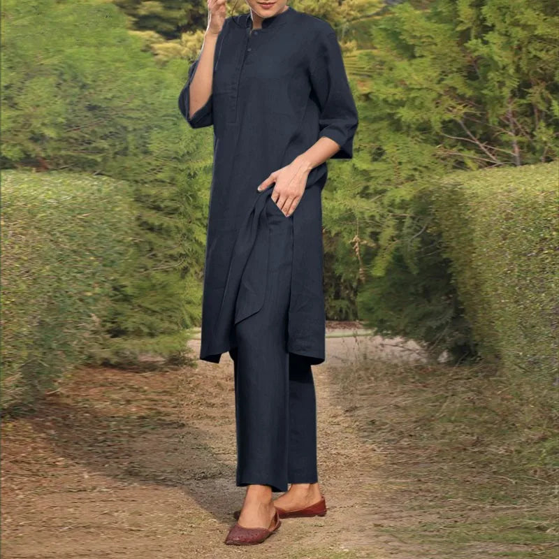 V Neck Shirt and Straight Pants Two Piece Set for Women