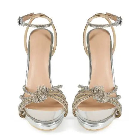 Crystal Rhinestone Knot Open Toe Sandals with Ankle Buckle for Women