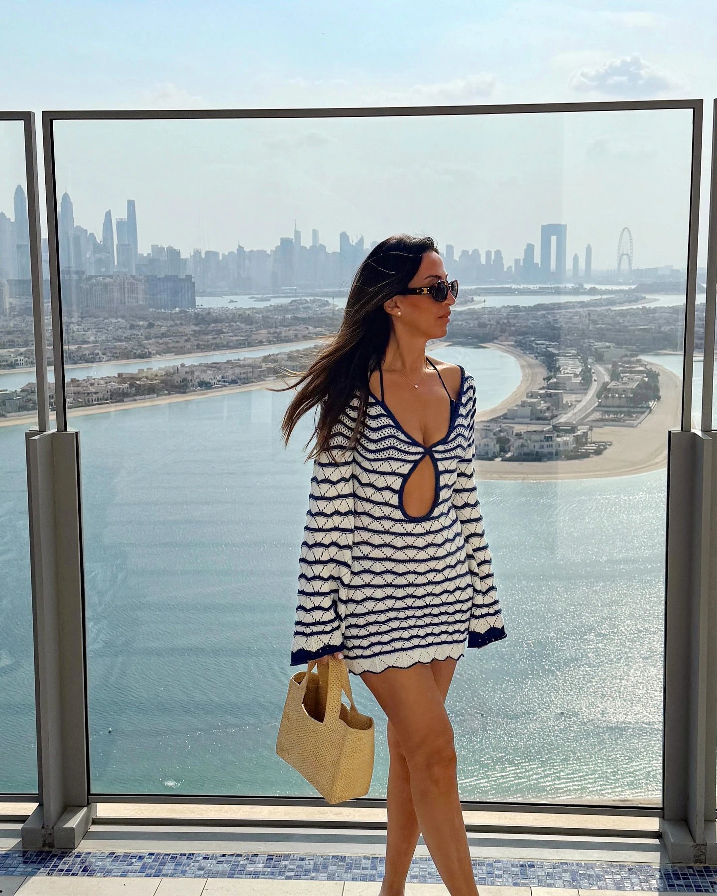 Sexy Boho Striped Chic V-neck Cut Out Bell Sleeve Knit Beach Mini Dress 2025 Summer Women Seaside Holiday Swimsuit Cover Up K123