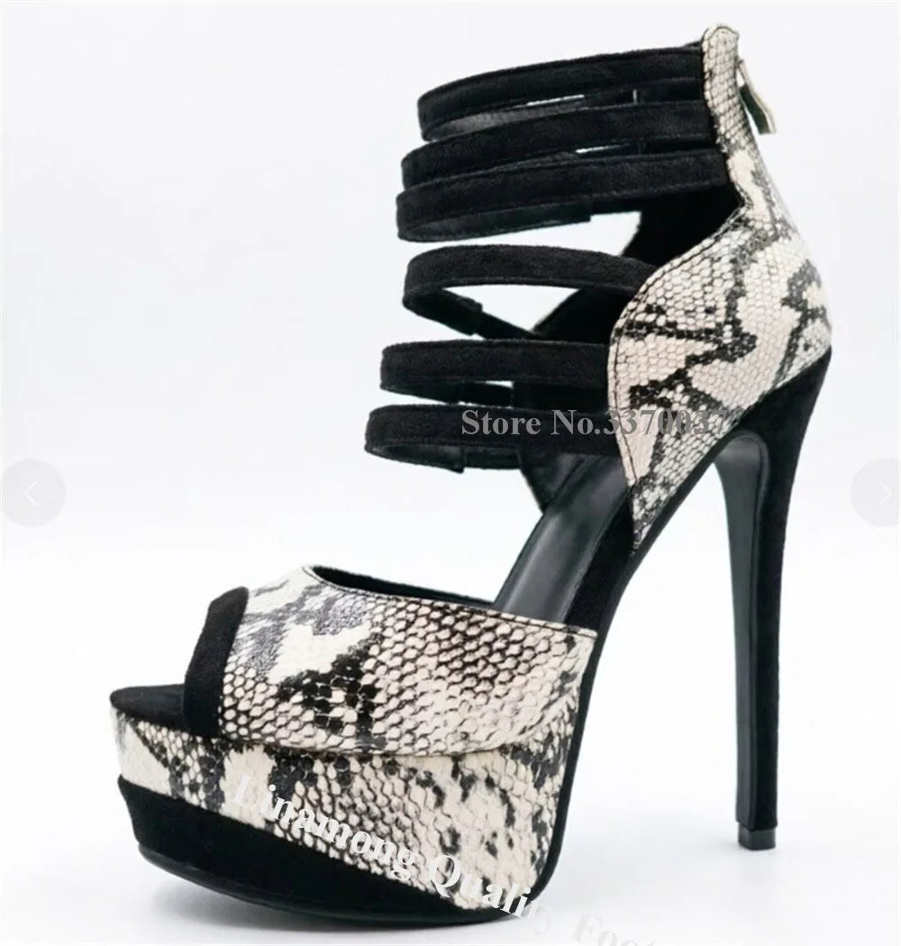 Grey Snakeskin Peep Toe Cross Strap Platform Stiletto Sandals For Women