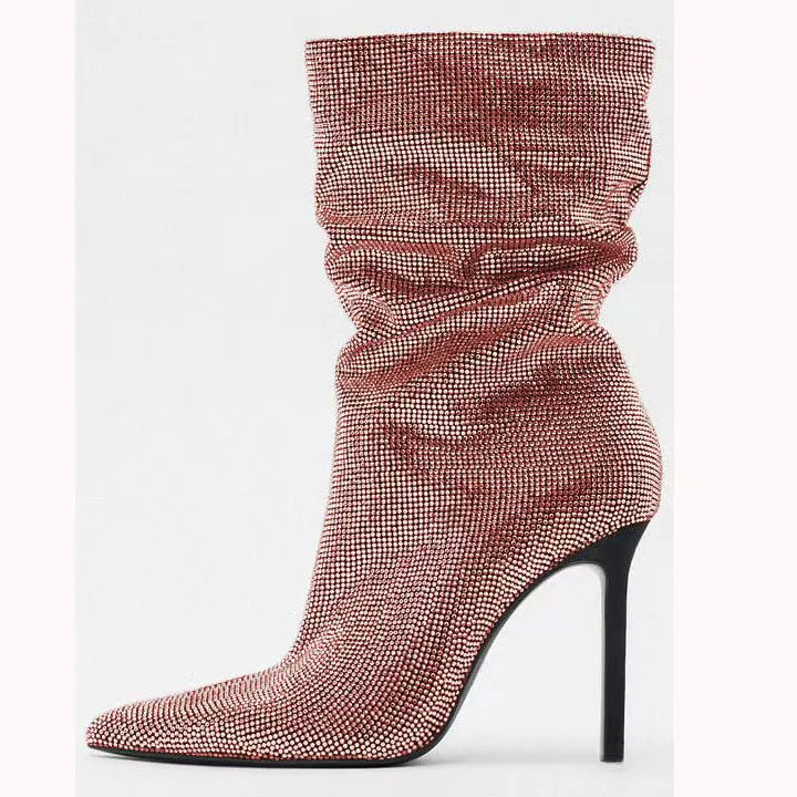 Rhinestone Embellished Pointed Toe Stiletto Boots For Women