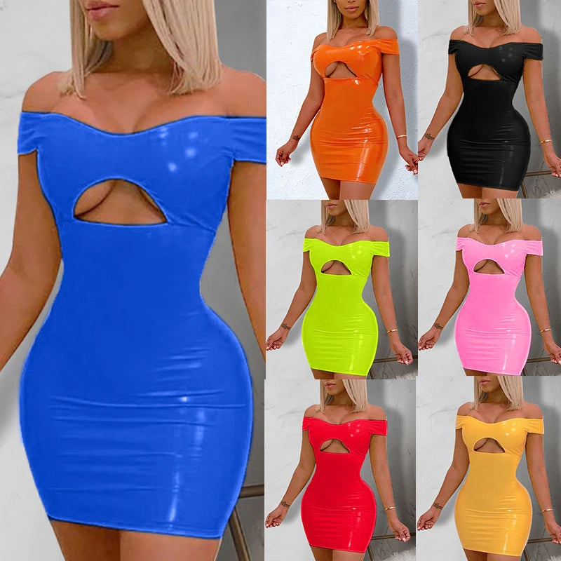 Off Shoulder Hollow Back Faux Leather Mini Dress for Women