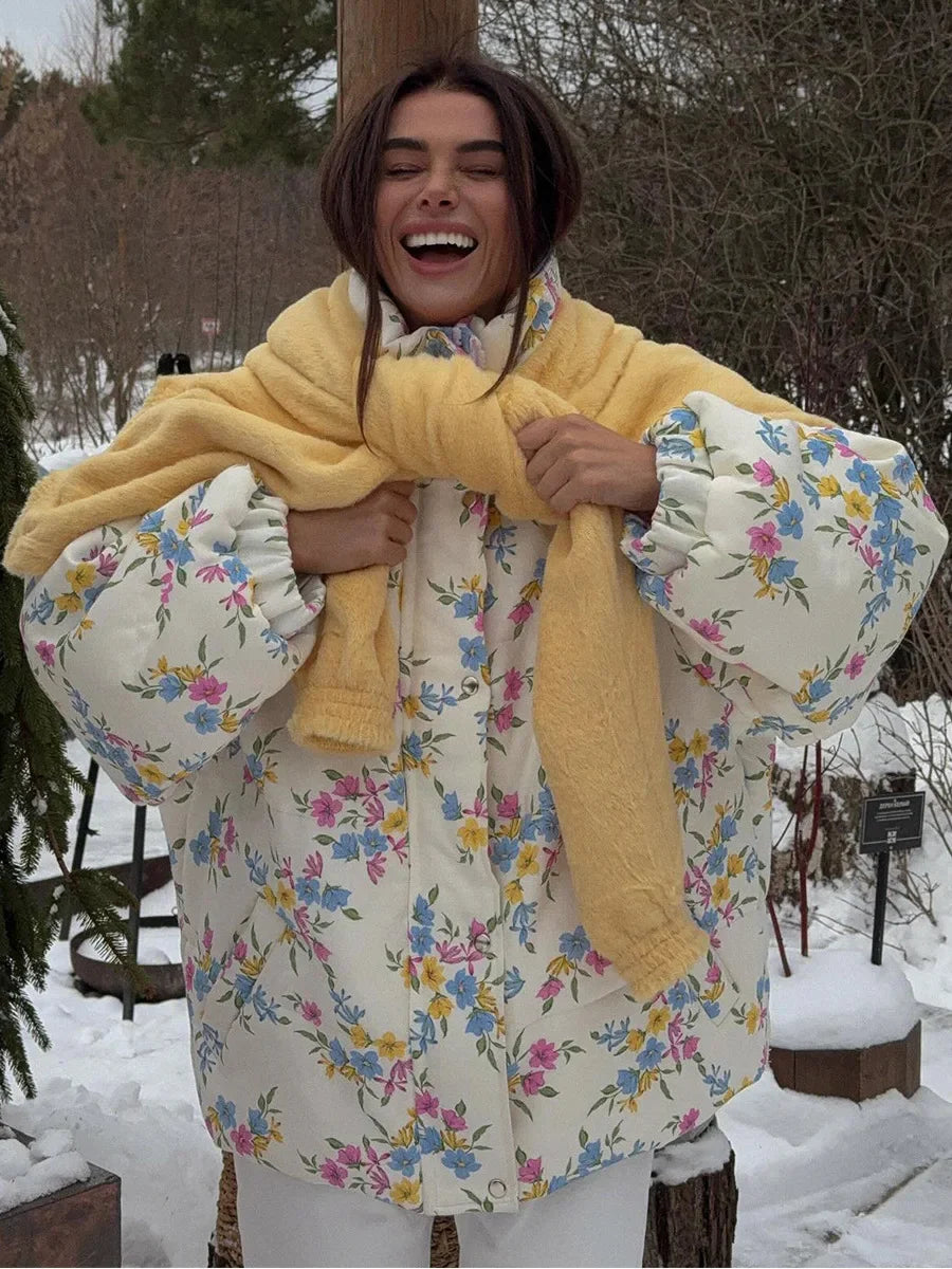 Floral Print Oversized Stand Collar Puffer Jacket For Women