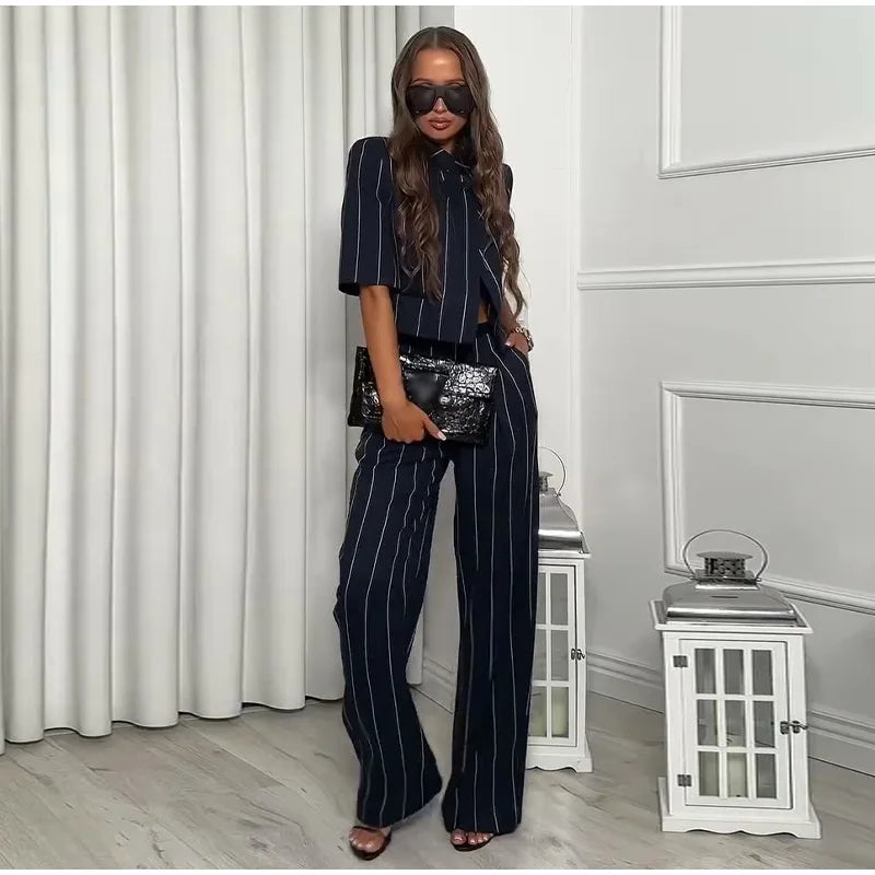 Elegant Striped Two Piece Coat and Pants Set for Women