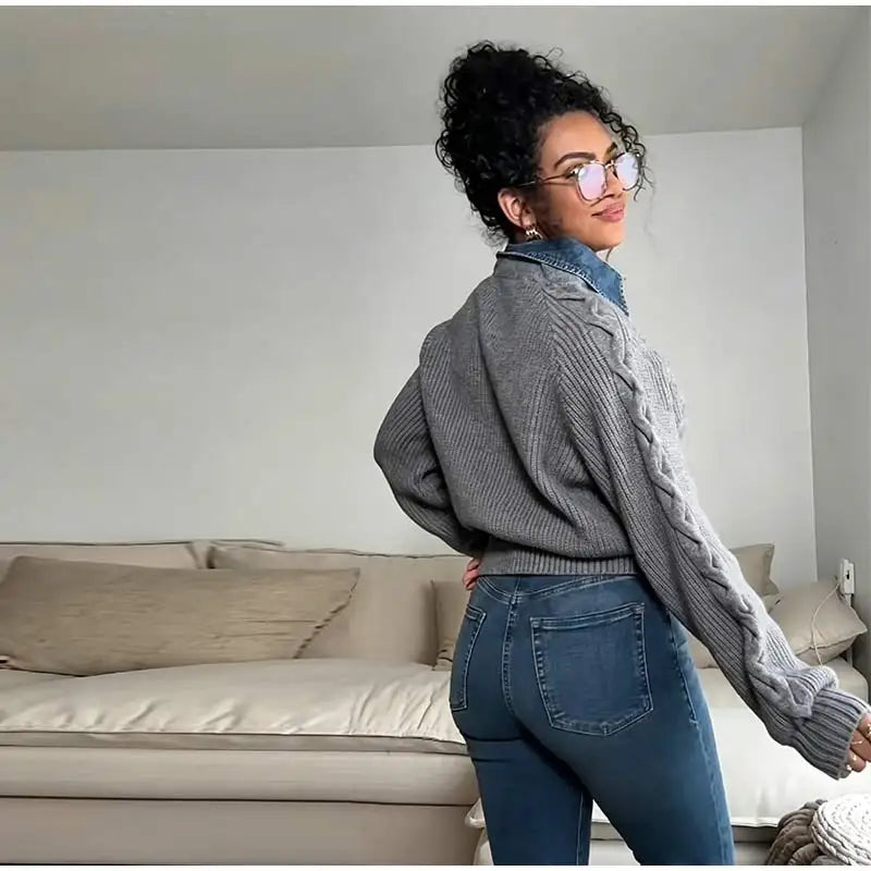 Long Sleeve Denim Collar Half Button Knit Top For Women