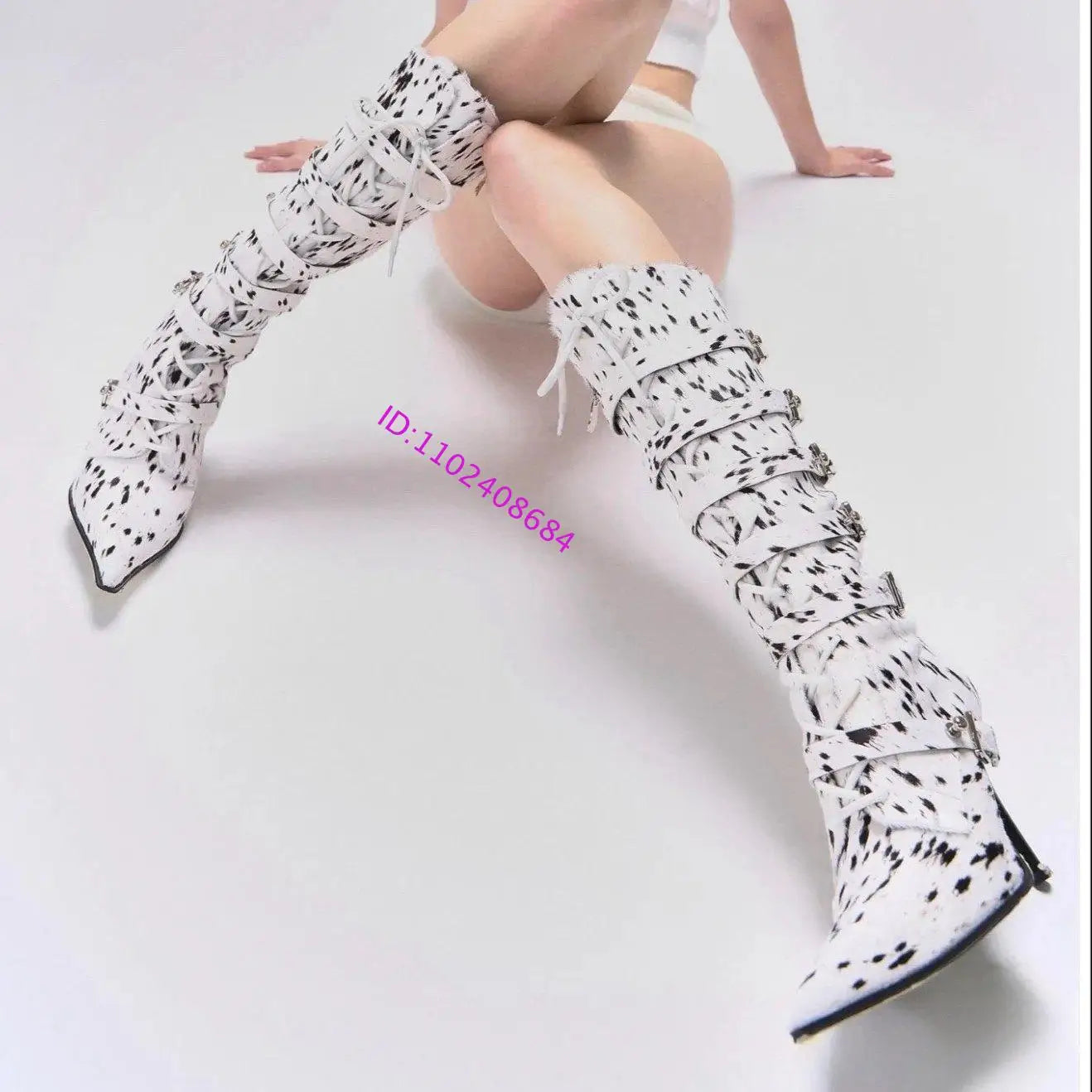 Pointed Toe Belt Strap Lace Up Fur Lined Knee Boots For Women
