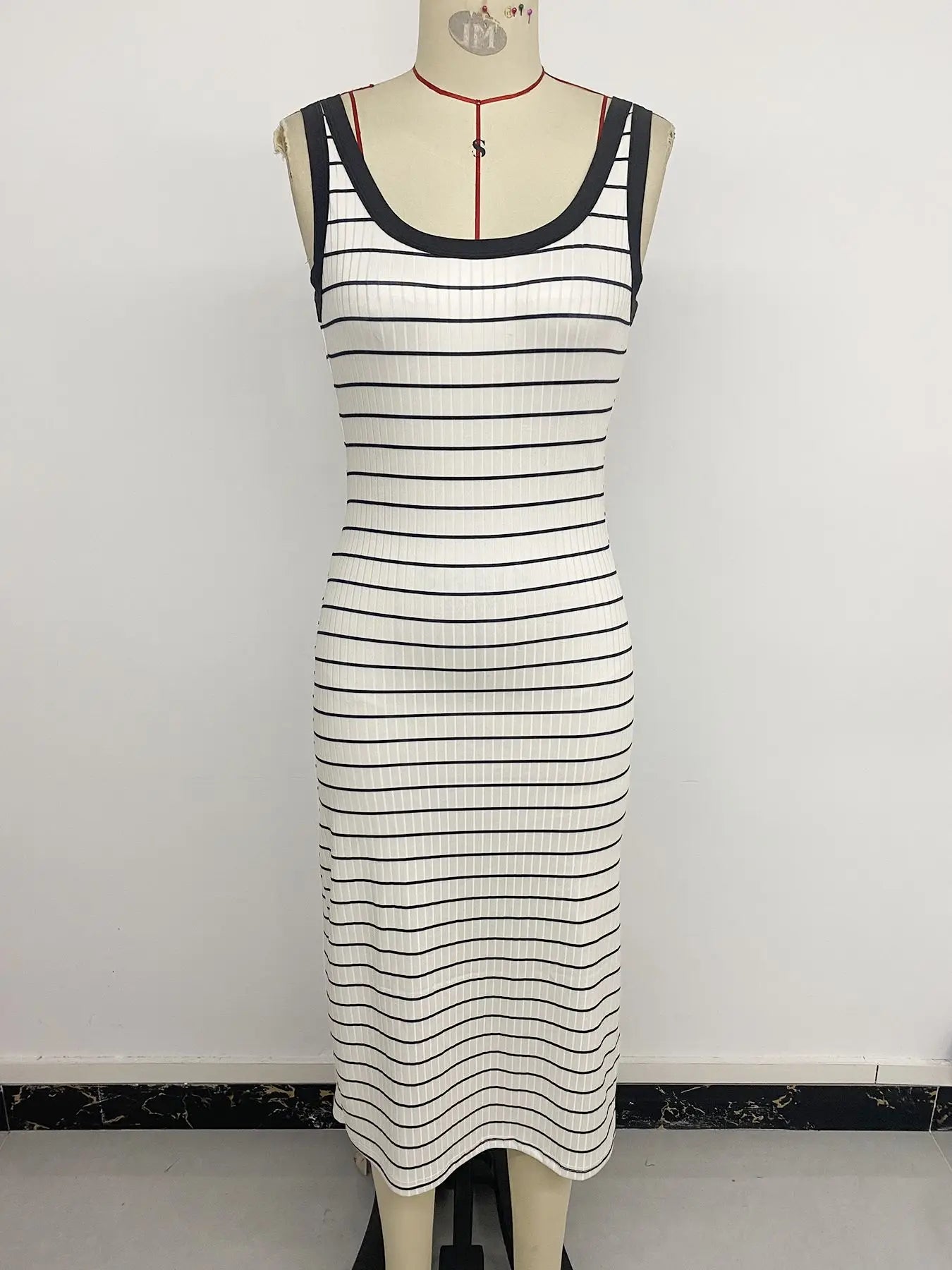 Striped Sleeveless Square Neck Side Slit Knit Dress for Women