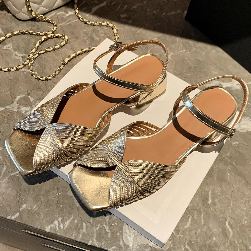 Leather Low Heel Peep Toe Sandals