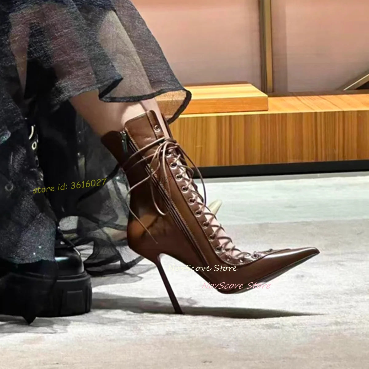Stylish Brown Pointy Toe Lace Up Mid Calf Boots For Women