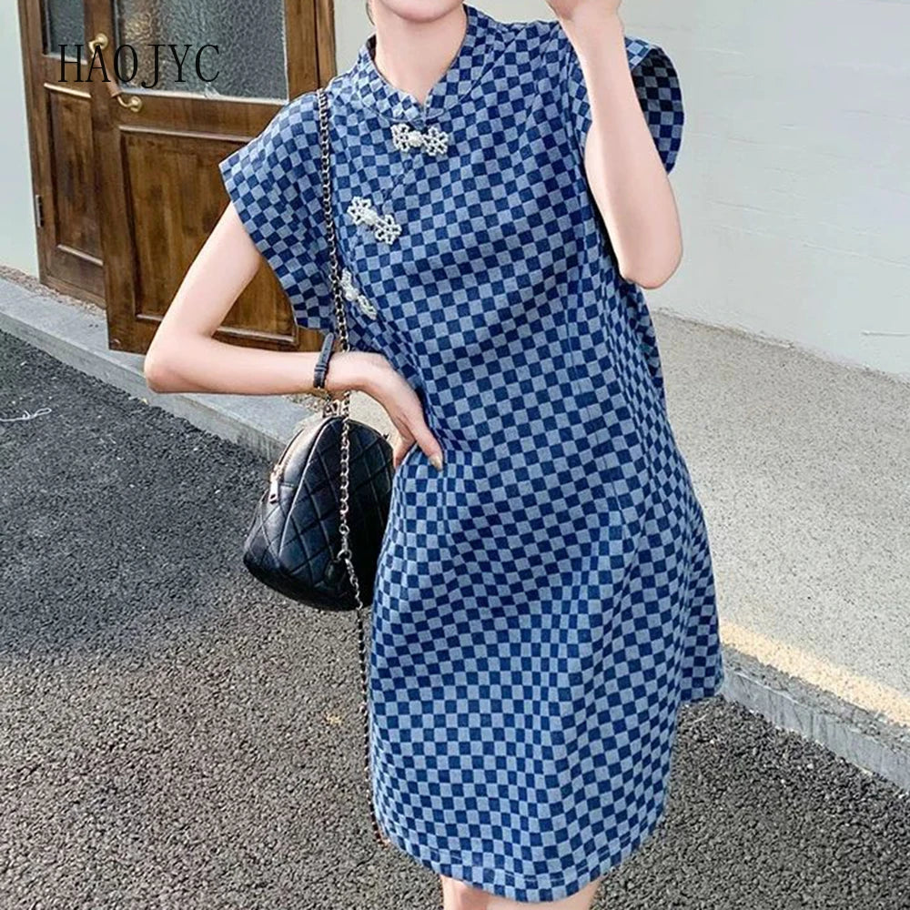 Checkered Ethnic Style Summer Lightweight A Line Dress for Women