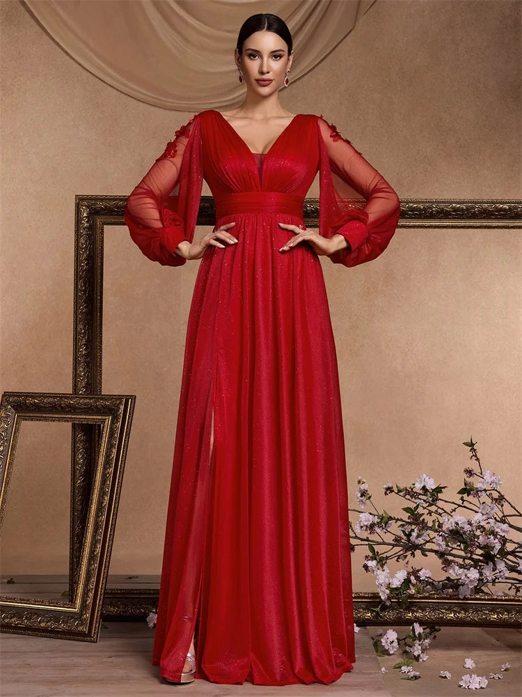 Elegant Slit Formal Applique Chiffon Evening Dress Luxury 2025 Women Long Mermaid V-neck Caicktail Gown Wedding Party Prom